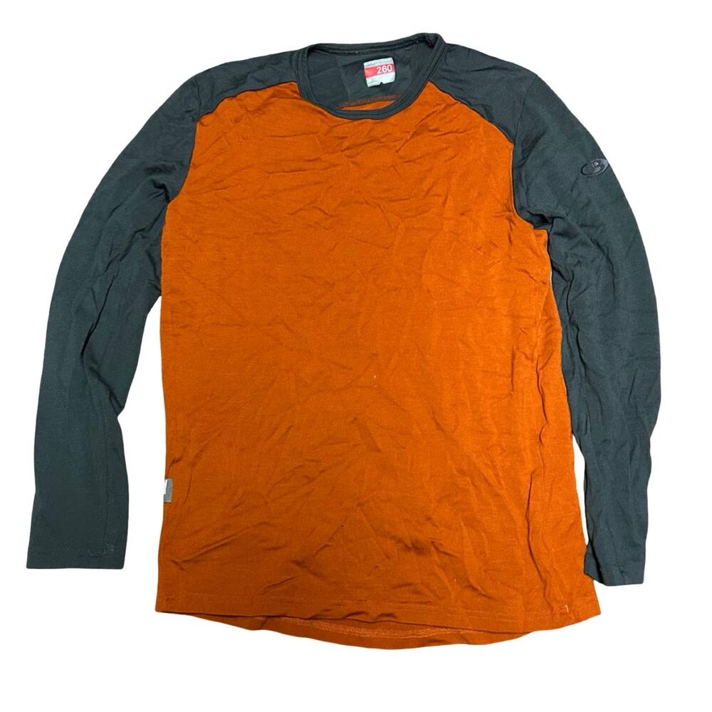 Icebreaker 260 Merino Wool Baselayer Top Mens Medium Orange Gray Outdoors Winter